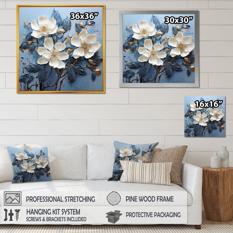 «Magnolia Blooming II» bleu et blanc sur toile, H 36 po x l 36 po x P 1,5 po, Cadre simple noir