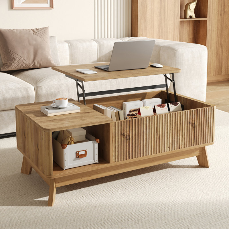 3D Wave Lift-Top Coffee Table with Hidden Storage & Open Shelf, Height Adjustable MDF Centre Table, Oak