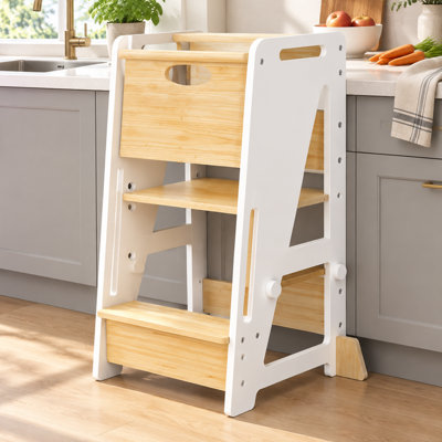 3 Level Adjustable Toddler Kitchen Helper Tower, Wooden Kids Learning Step Stool with Non-Skid Base, Safe Sturdy Toddler Standing Stool for Kitchen Counter