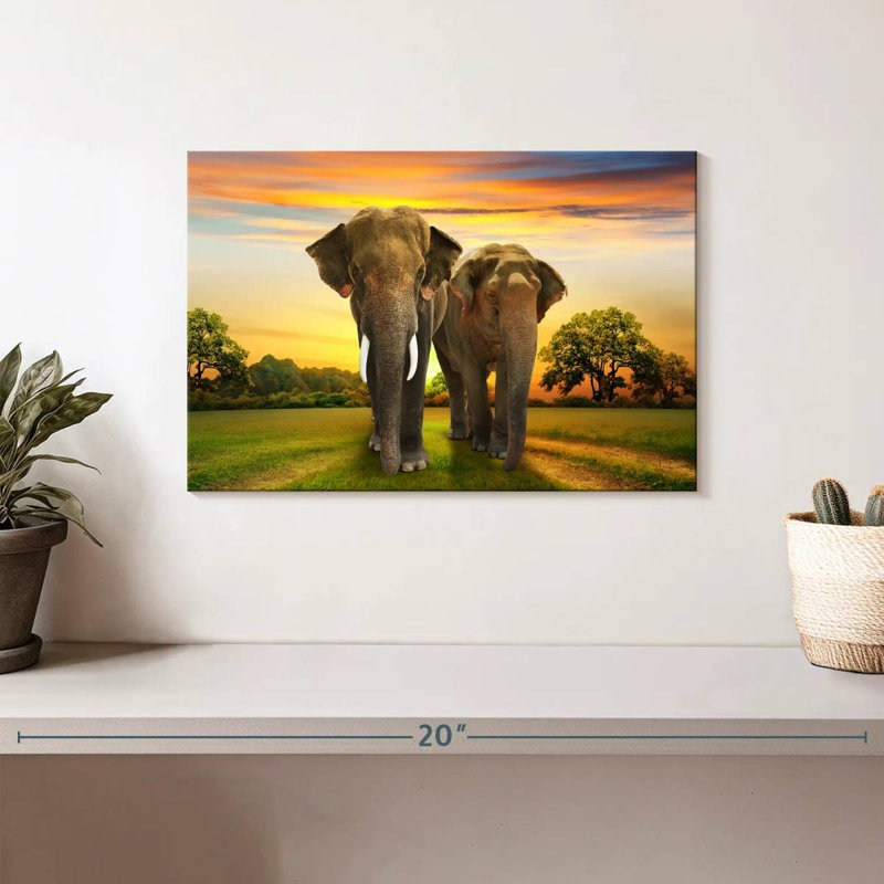 Éléphant coucher de soleil en duo, H 8 po x l 12 po