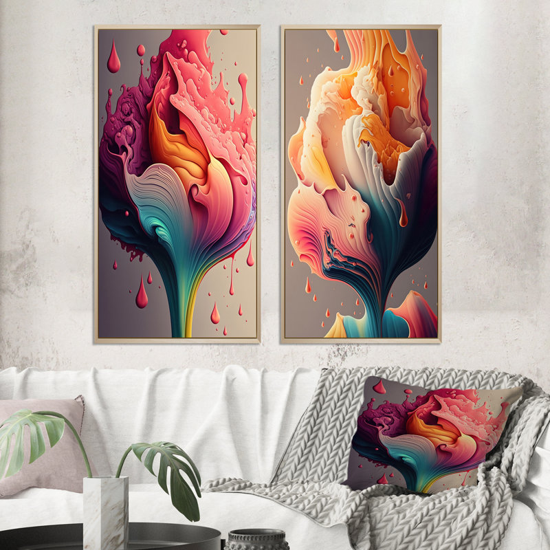 "Multicolor liquide encre tulipe fleurs I" 2 - pièces sur toile, Encadrement brun, H 20 po x l 24 po