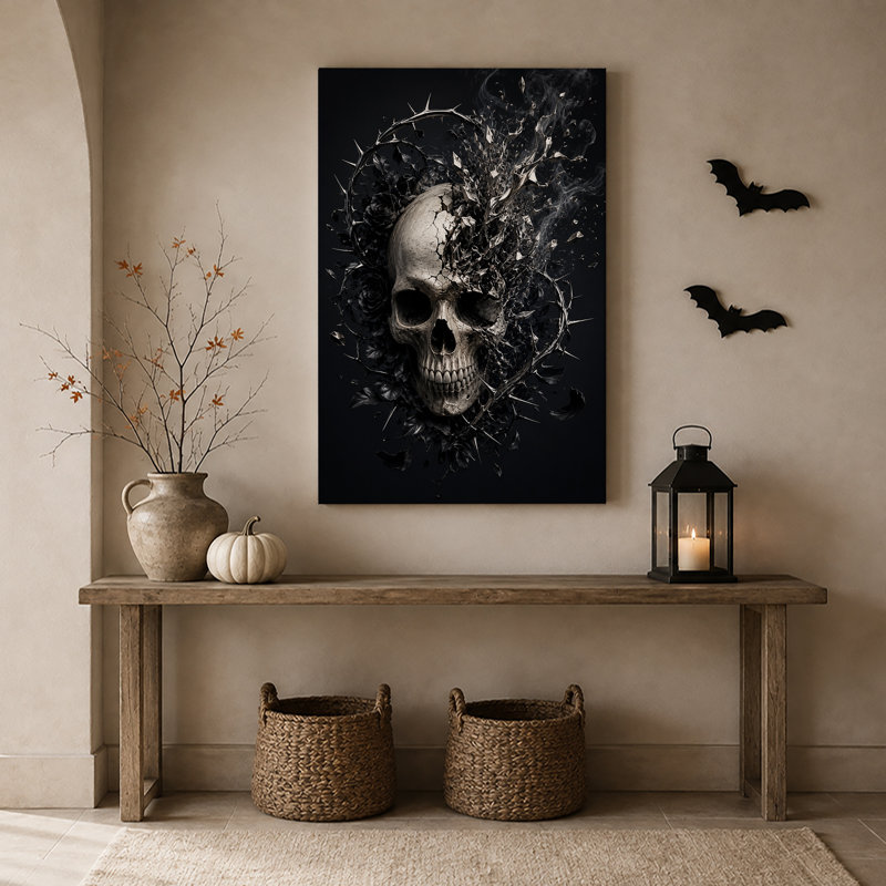Toile grise grise avec des roses noires et des épines, H 24 po x l 16 po