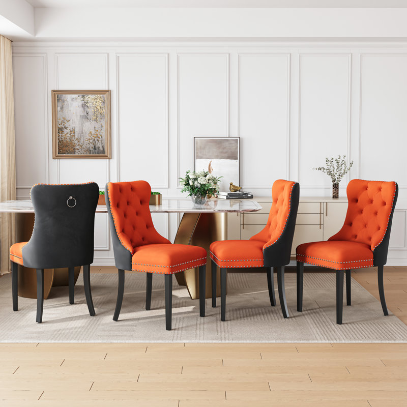 High-End Tufted Dining Chair Set, Velvet Upholstery With Nailhead Trim And Back Pull Ring, Solid Wood Legs, Orange/Black, 8
