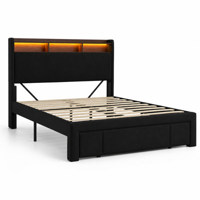 Full Size Upholstered Bed Frame with Built-In Storage Headboard, Integrated USB and Type-C Charging Ports, Dimmable LED Ambient Lighting, Spacious Under Bed Storage Drawer, Quiet Noise-Reducing Slat Support System,