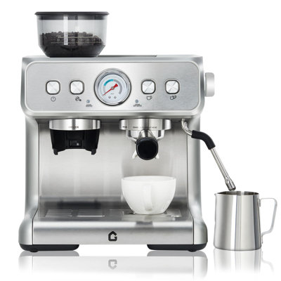 20 Bar Espresso Machine with Built-in Grinder – Stainless Steel Coffee Maker with 2.8L Removable Water Tank, Adjustable Shot Volume & Milk Frother Steam Wand for Latte & Cappuccino – Home & Office Use (Silver)