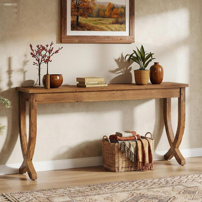 63-Inch Solid Wood Console Table, Farmhouse Entryway Table, Long Sofa Table for Living Room, Hallway, Entrance, Foyer (Light Brown)