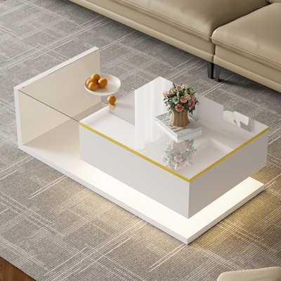 Table basse de 39,4 pouces de long, très brillante. Tables d'appoint, tables basses avec verre et effet à DEL