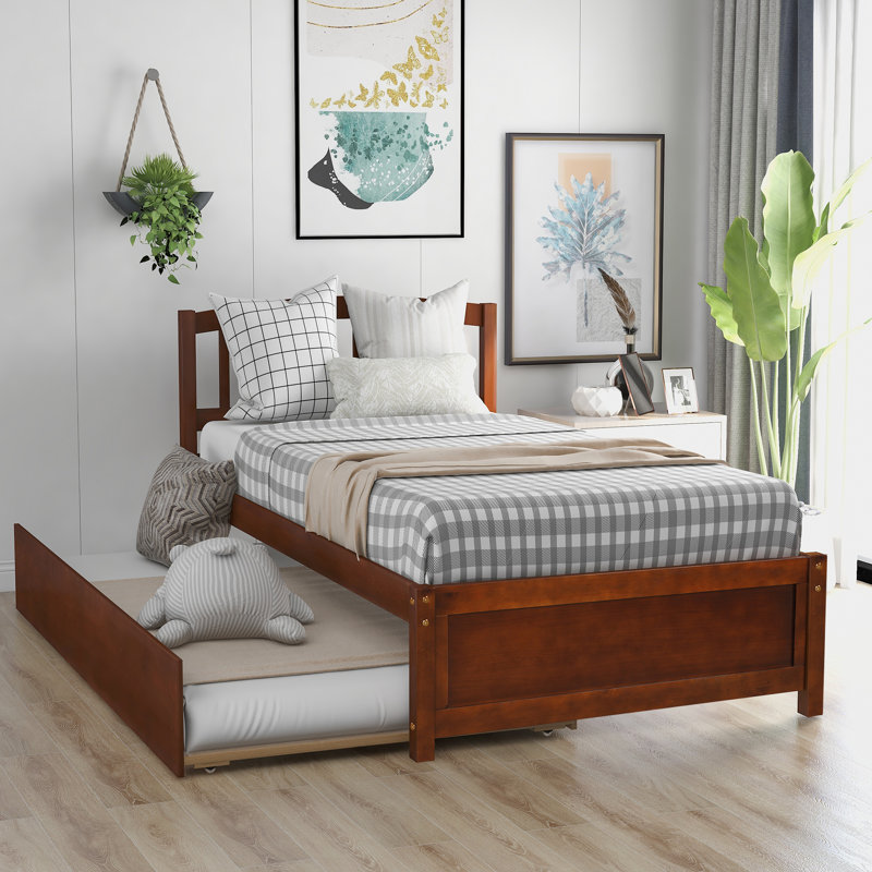  Platform Bed Wood Frame with Trundle, Timeless and Practical, Brown