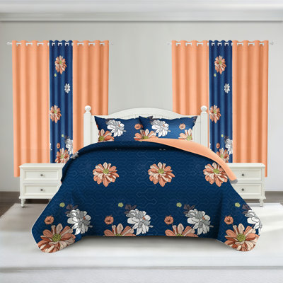 King Size Comforter Set 9 Pieces, All Season Luxury Bed In A Bag For Bedroom, With Matching Curtains, Soft Microfiber, Orange Flower