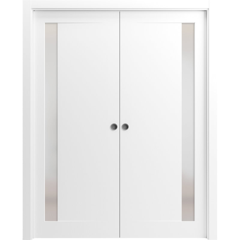 Portes coulissantes doubles modernes Planum 0660 peintes en blanc avec kit de vitrage dépoli, moulures, quincaillerie, bois massif, pour chambre à coucher, porte robuste 48 po x 80 po (2 x 24 x 80)