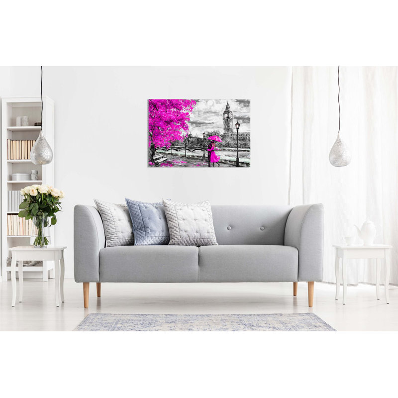 London Oil Painting Artwork Reproduction Big Ben - Wrapped Canvas Print, 61cm H x 91cm W, Pink