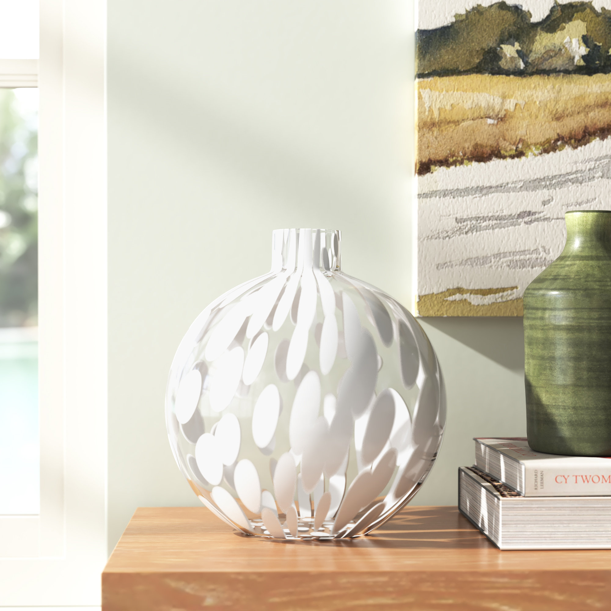 Cersie Milk Glass Bead Pattern Blown Glass Round Vase in White/Clear, 10.50" H x 10" W x10" D