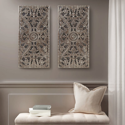 Distressed Wood Wall Art  2  - Lotus Flower Design Bronze Finish Indoor 15.75"W X 31.5"H 0.59"D Decor Of 2 Decoration
