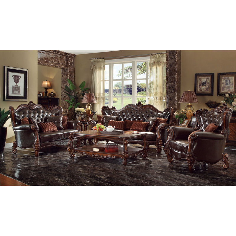 Tanner 92.51'' Faux Leather Sofa, Dark Brown Faux Leather, Cherry Oak