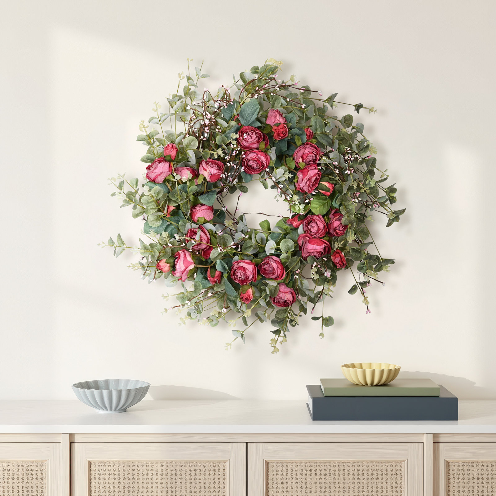 26" Handcrafted Eucalyptus Rose Everyday Wreath, Red