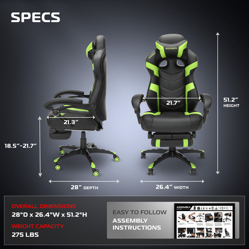 RESPAWN 110 Pro Ergonomic Gaming Chair with Footrest for Adults - Comfortable Office Gaming Recliner with Lumbar Support and Headrest, Racing Style Video Game Chairs for Computer Gamer