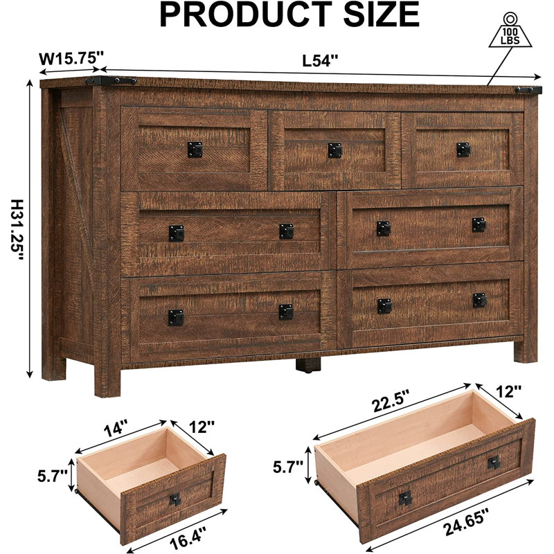 Addeline 54"W Farmhouse 7 - Drawers Dresser Organizer, Wood Rustic Wide Chest of Drawers, Brown