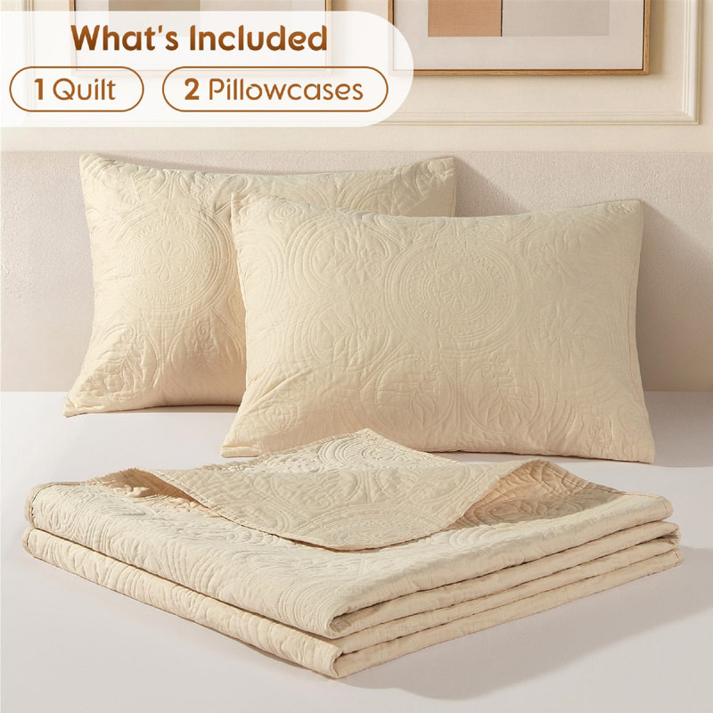 Ensemble de courtepointe 3 pièces 100 % coton à motif cachemire, Queen Quilt + 2 Shams, Beige