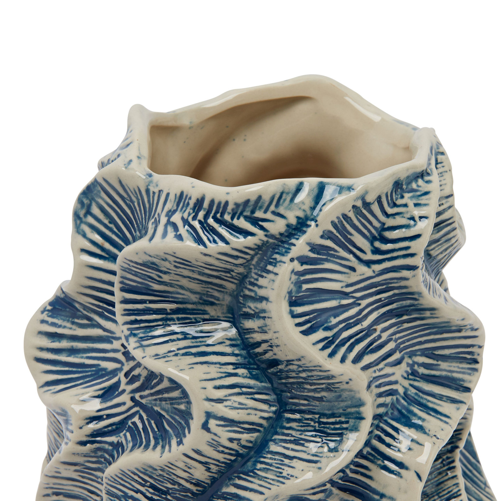 Fieldway Organic Shaped Stoneware Vase with Wavy Pattern Exterior, Ivory/Blue