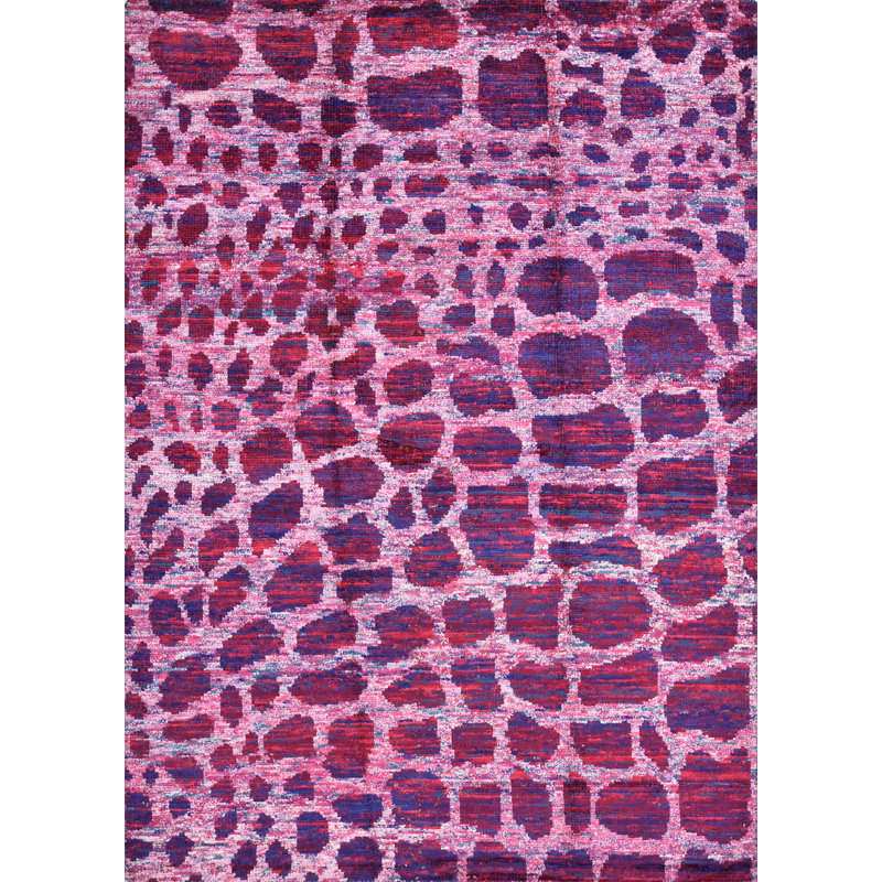 Tapis mauve en soie noué à la main de conception unique 5 pi 8 po x 7 pi 11 po Gabrionna