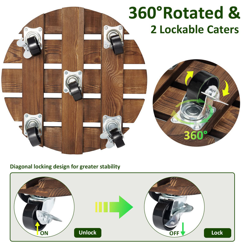2Pack Plant Caddy 12’’Wood Duty Rolling Plant Stand With 2 360° Lockable Caster Wheels,Classic Style