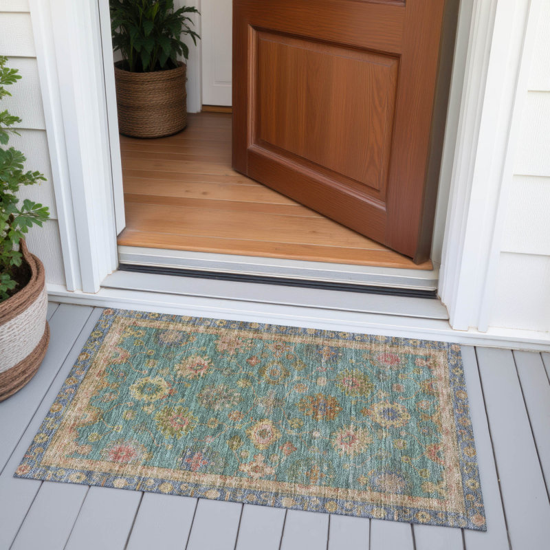 Tapis bleu sarcelle Xhevrie lavable à la machine intérieur / extérieur, Rectangle 1 pi 8 po x 2 pi 6 po