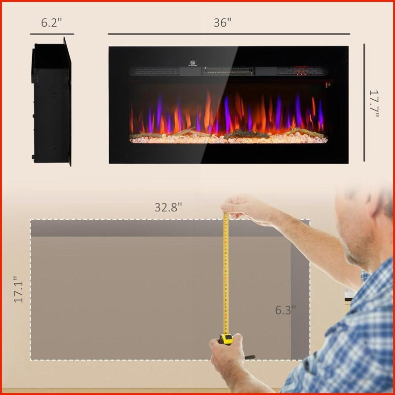 Foyer électrique, encastré / mural 36 po avec télécommande, chauffe-eau 1500 W | Flamme réglable | Acier noir