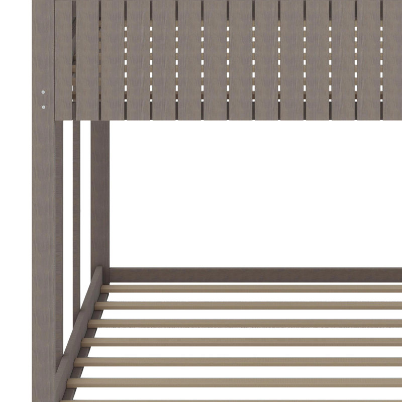 Wood Bunk Bed With Roof, Window, Guardrail, Antique Gray