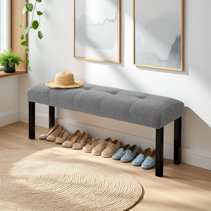 Modern Tufted Linen Dining Bench, Farmhouse Upholstered Entryway Bench With Rubber Wood Legs, Gray