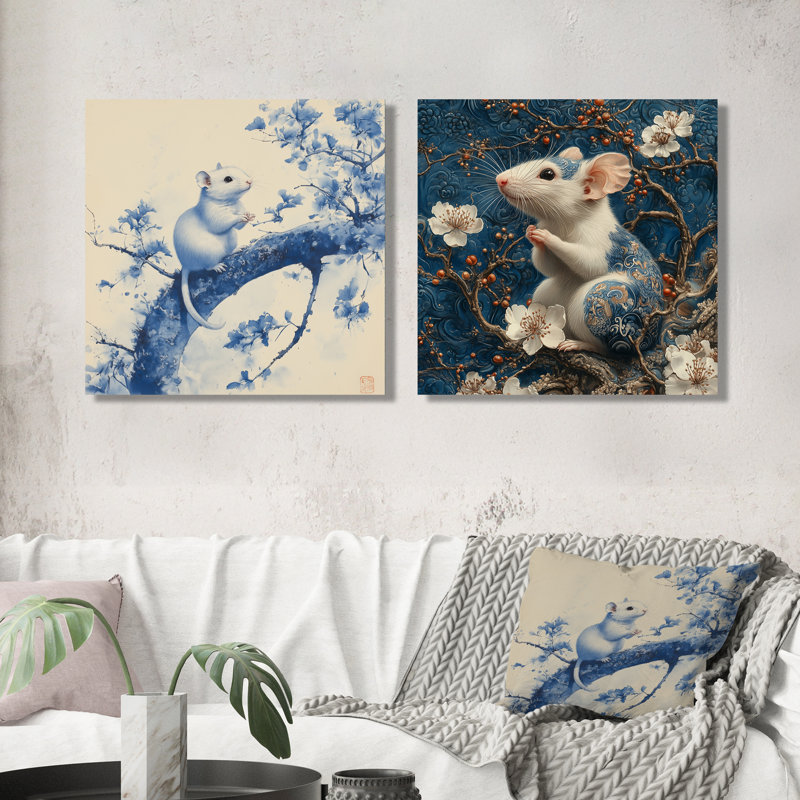 «Chinoiserie Blue Mouse on Tree I» - art mural souris - décoration murale moderne 2 pièces, H 16 po x l 33 po, Toile tendue