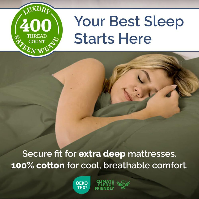 4 Piece 400 Thread Count Cotton Sheet Set – Extra Deep Pocket, Cooling, Breathable & Soft Bedding, Sage Green