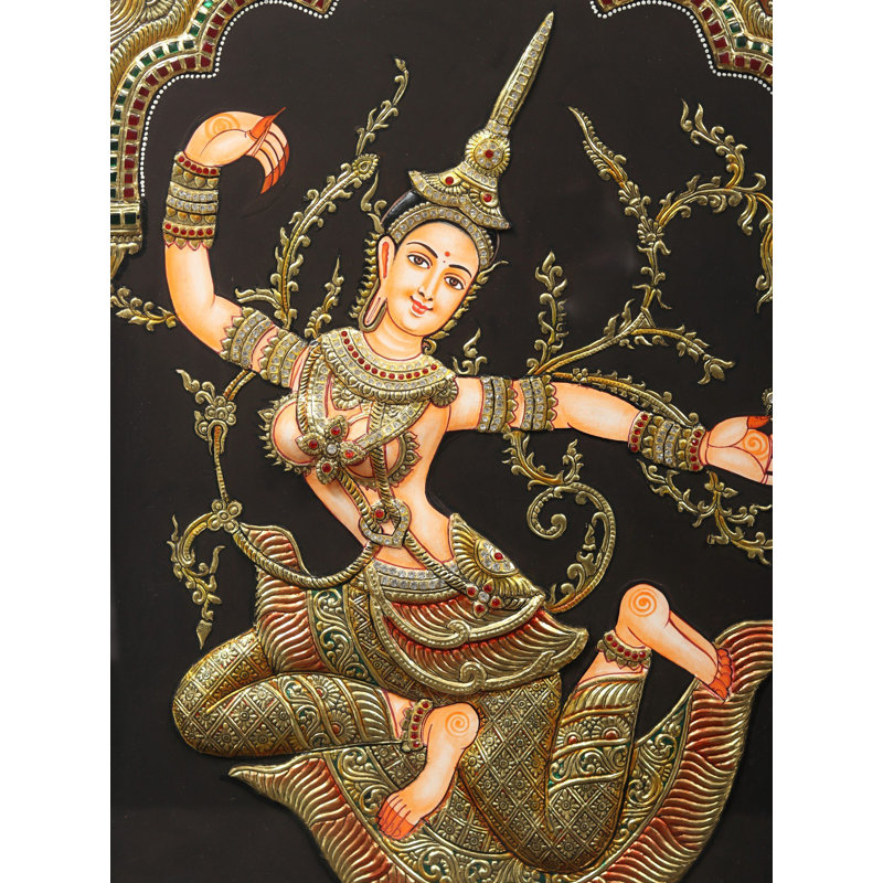 Déesse, temple thaïlandais Sita, peinture de Tanjore avec cadre - Art traditionnel indien avec feuille d'or 24 carats, décoration murale H 34 po x l 28 po