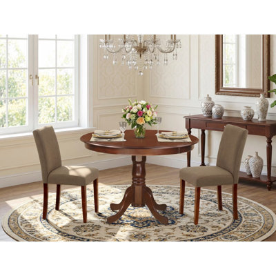 3 Piece Kitchen Table & Chairs Set Contains a Round Dining Table with Pedestal and 2 Coffee Linen Fabric Parson Dining Chairs, Mahogany
