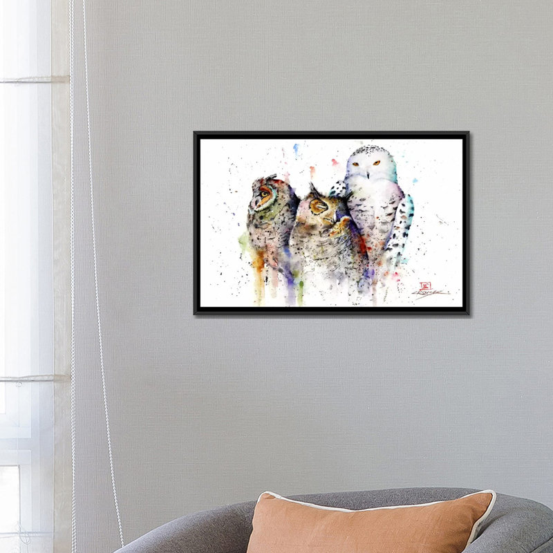 " Owls Don't Sleep " by Dean Crouser, 18" H x 26" W x 1.5" D, Black Framed Canvas, White