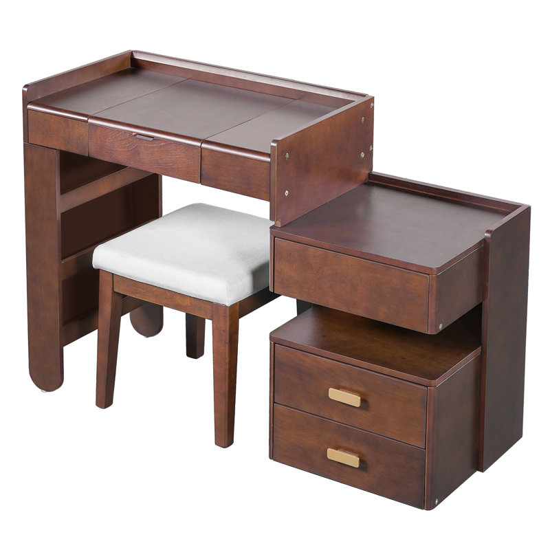 Multi-Functional 31 Makeup Vanity Desk With Adjustable 3-Color Lighting, Hidden Mirror, And Retractable Storage Shelf In Walnut Tone 3 Colors Divided Compartments Color
