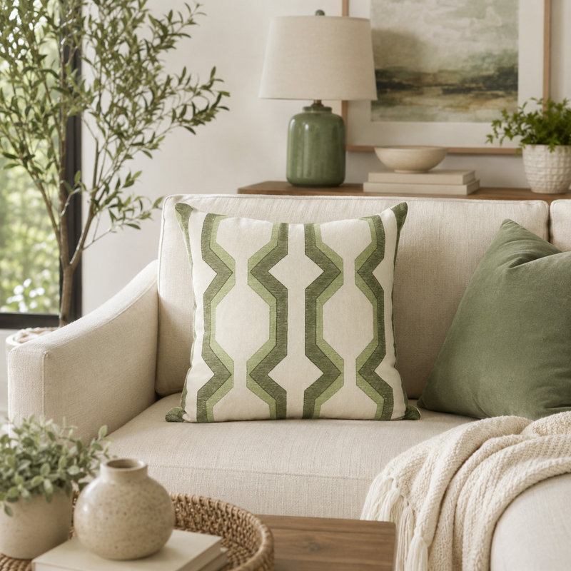 Coussin décoratif en coton, Vert / blanc