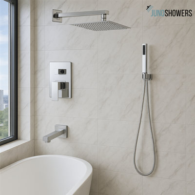 16 Inch Brushed Nickel Wall-Mounted Shower System with Thermostatic Control and Handheld Spray
