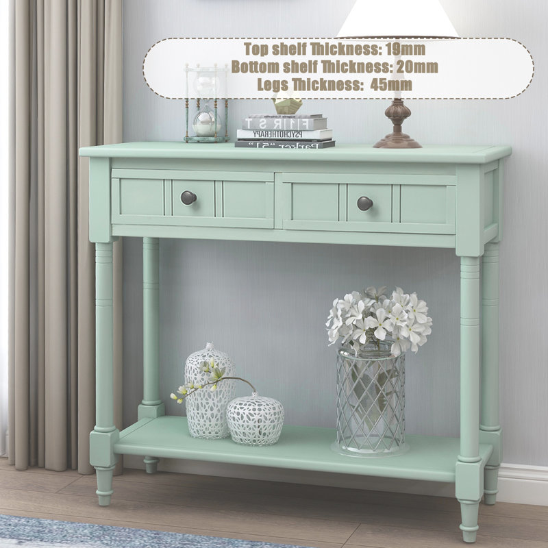 Floriean Rustic Vintage Farmhouse Style Console Table - 2 Drawers, Bottom Shelf, Retro Blue