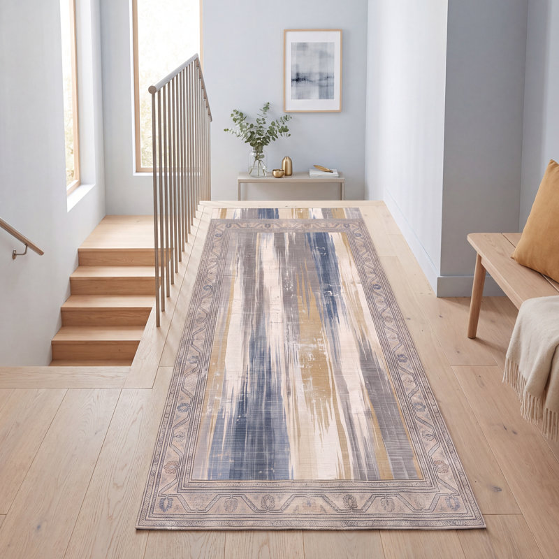 Tapis moderne ocre à l'aquarelle abstraite, bleu, gris, or, crème, ivoire, lavable à la machine, antidérapant, à poils courts, adapté à l'intérieur et à l'extérieur, pour salon, chambre, salle à manger, entrée, couloir, bureau