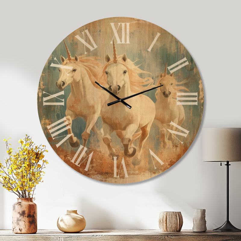 Horloge murale pour enfants « Trio de licornes au galop », imprimée sur bois, Extra Large