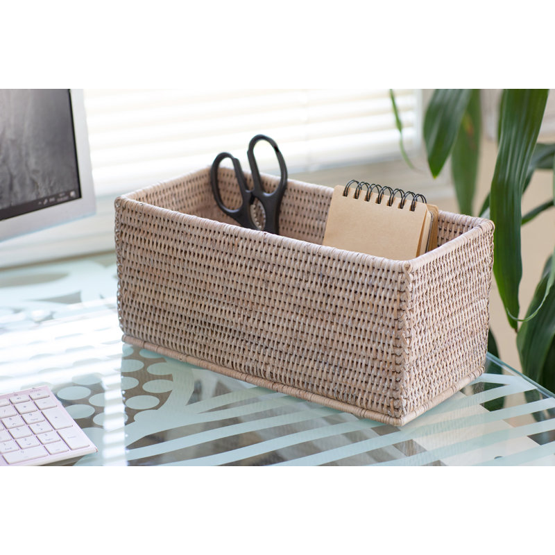 Panier rectangulaire en rotin Glasgow, Blanc délavé