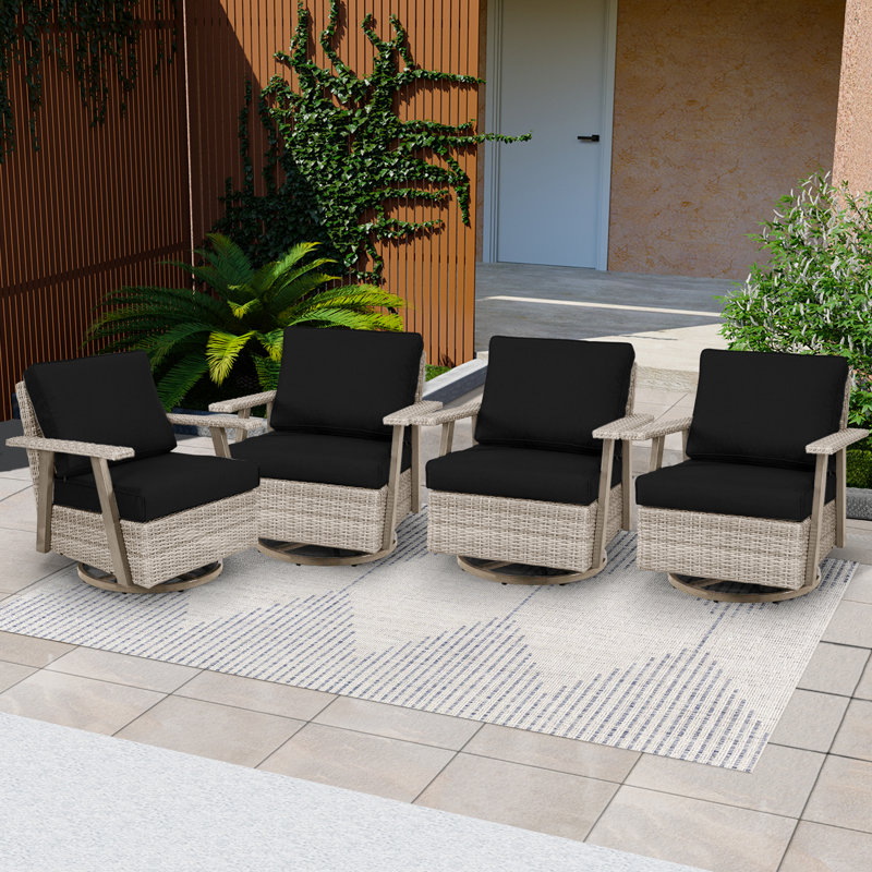 Chaise berçante 4 pièces avec coussins, rotin toutes saisons pour cour arrière, Noir, noir, noir, noir