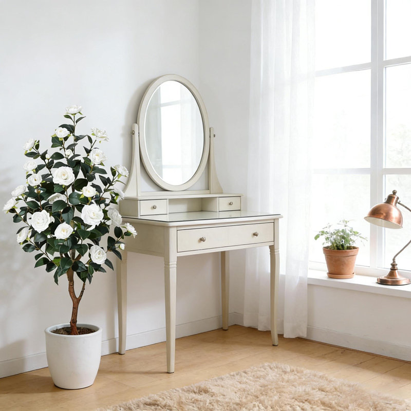 Camélia artificiel avec pot blanc pour décoration intérieure et extérieure, Blanc, 48 po x 7 po