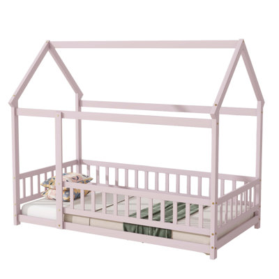 Twin Size House Floor Wooden Bed with Roof Frame,Safety Guardrails,Pink