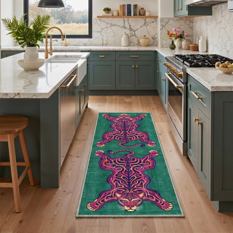 Stylized Tiger Collection Abstract Machine Washable Green / Pink / Blue Indoor Area Rug with Non-Slip Backing