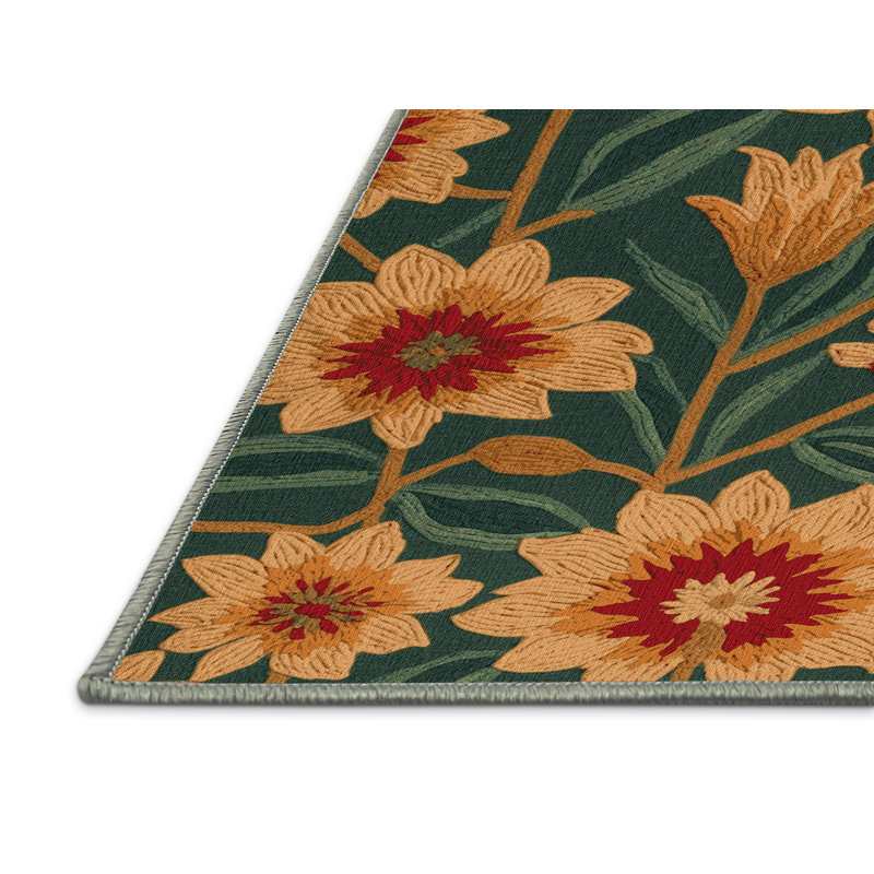Machine Washable Botanical Green Area Rug, Rectangle 5' x 8'