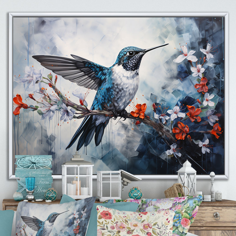 Colibri harmonie florale sur toile, Cadre flottant blanc, H 16 po x l 32 po
