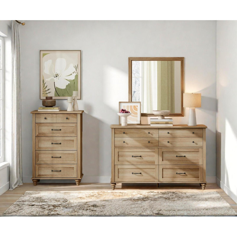 2 Piece Dresser Set - -Include One 5 Drawer Dresser & One 8 Drawer Dresser, Oak