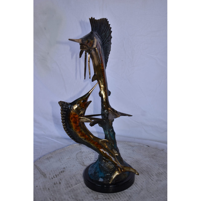 Two Swordfish Swimming In The Ocean Bronze Statue - Size: 11"L X 10"W X 22"H.