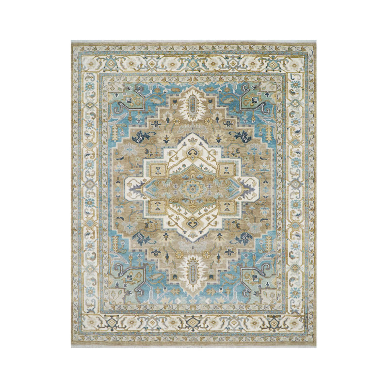 Tapis multicolore beige transitionnel en laine Oushak, Rectangle 9 pi 2 po x 10 pi